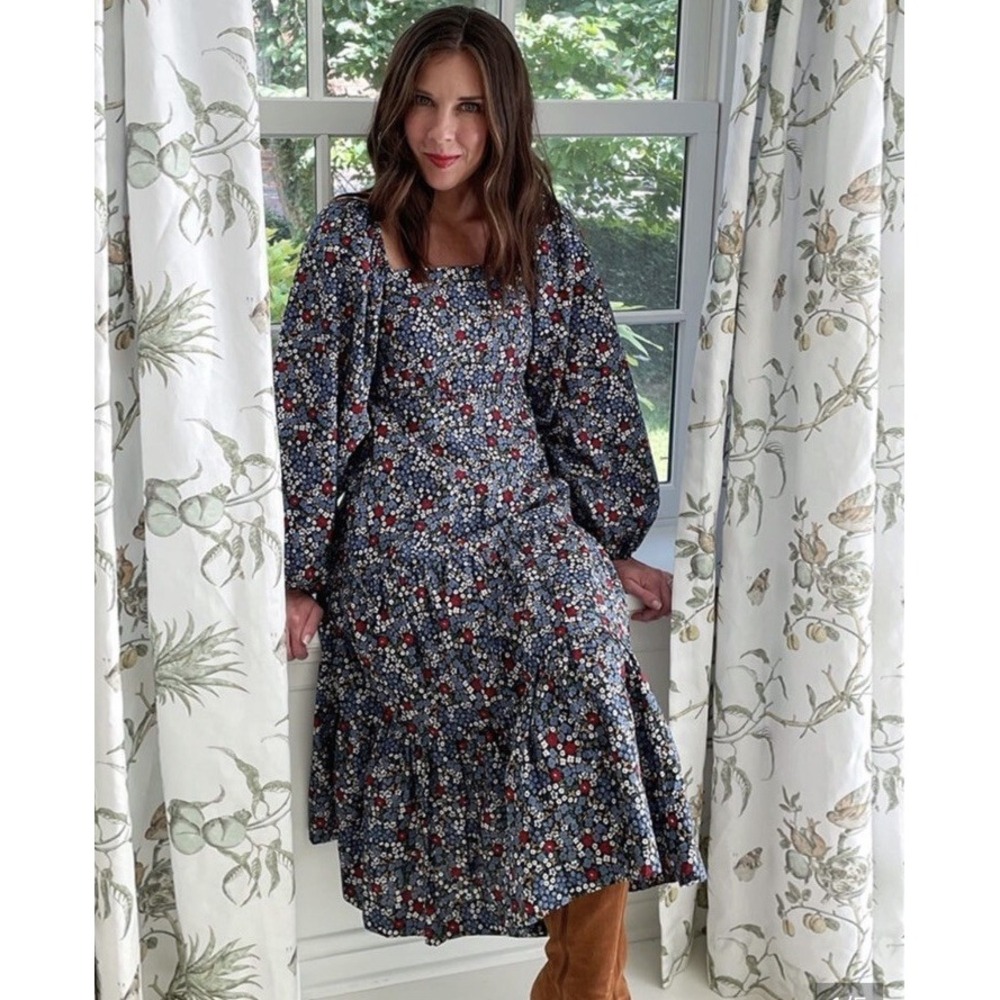 Summersalt Tiered Midi Dress Floral LARGE Prairie 100% Cotton Fall Puff Sleeve